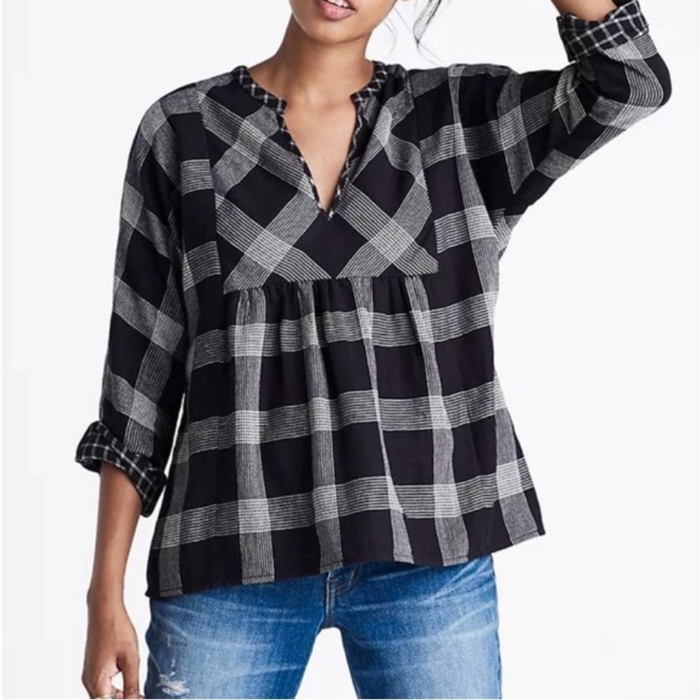 Madewell Boheme Popover Peasant Top Black White Plaid Peplum Womens Size S Boho